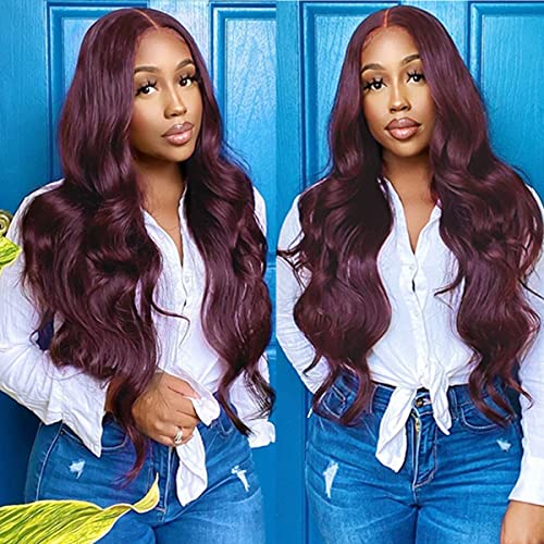 Colorful Bird Dark Purple Human Hair Wig Body Wave Deep Burgundy 13x4 Lace Front Wigs Grape Purple Glueless Wigs 180% Density for Women HD Transparent Lace Front Wigs 18 inch