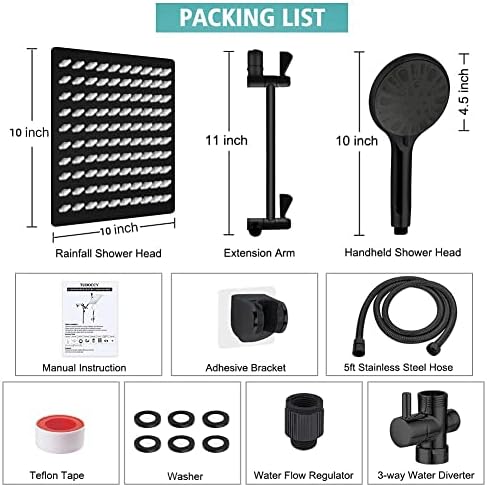 Shower Head 10‘’ High Pressure Rainfall Shower Head/Handheld Shower Combo with 11'' Extension Arm, 9 Settings Anti-leak Head with Holder, Height/Angle Adjustable, Chrome, Matte Black