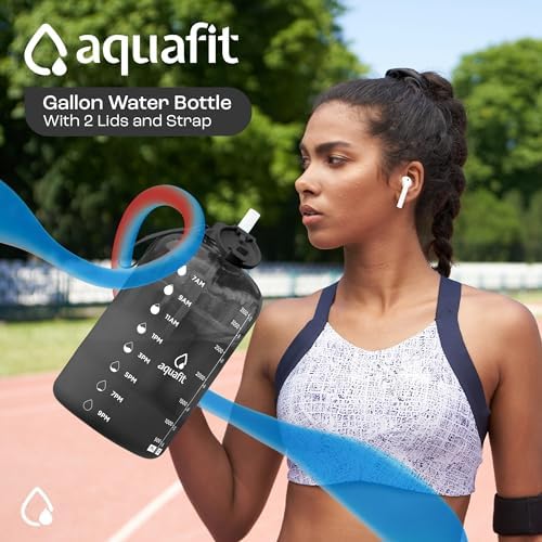 AQUAFIT 1 Gallon Water Bottle With Times To Drink - 128 oz Motivational Large - Sports Water Bottle With Time Marker & Straw - Gym Water Jug 1 Gallon