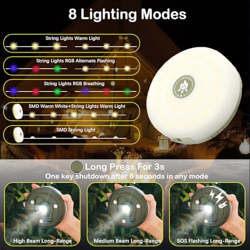 2-Pack Camping String Lights, 4 in 1 Outdoor String Lights with 8 Lighting Modes, Quick Storage, USB Charging, Portable Camping Light Rechargeable, 32.8ft Waterproof Tent Light for Hiking,Christmas