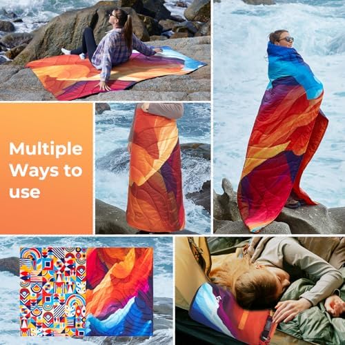 KingCamp Ultralight Camping Blanket, Packable Down Alternative Puffy Printed Wearable Blanket with Snap Buttons & Corner Loops Weatherproof Quilt for Outdoor Travel Stadium (79"L x 57"W, PEAK)
