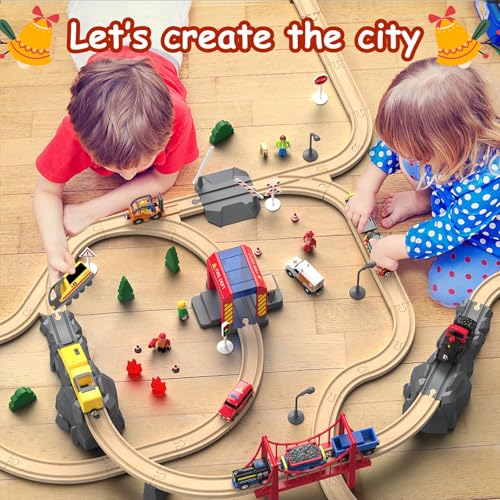 Giant bean 72PCS Fire Station Wooden Train Track Electric Train Set, Gift Packed Toy Railway Kits for Kids, Toddler Boys and Girls 3,4,5 Years Old and Up, Christmas Birthday Gift Toy for Kids