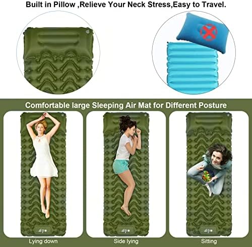 Sleeping Pad, Ultralight Inflatable Sleeping Pad for Camping, Built-in Pump, Ultimate for Camping, Hiking, Airpad, Carry Bag, Repair Kit, Compact & Lightweight Air Mattress(Green)
