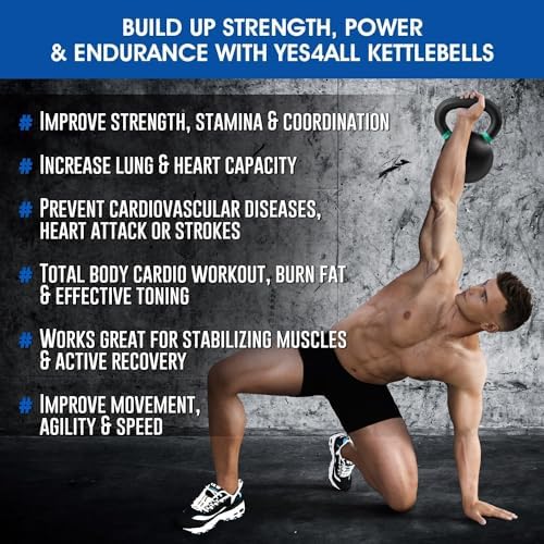 Yes4All Powder Coated Cast Iron Kettlebell Strength Training Kettlebells Weight Set for Full Body Workout, Home Gym