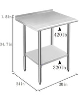 ROCKPOINT Stainless Steel Table for Prep & Work with Backsplash 24x30 Inches, NSF Metal Commercial Kitchen Heavy Duty Table with Adjustable Under Shelf and Table Foot for Restaurant, Home and Hotel