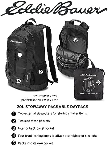 Eddie Bauer Stowaway Packable Backpack-Made from Ripstop Polyester, Onyx, 20L