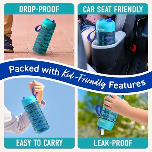 Bentgo Kids Water Bottle - Leak-Proof, Durable Tritan, BPA-Free 15 oz. Cup for Kids/Toddlers Ages 3+, Safe Sip Spout, Carrying Handle, & Dishwasher Safe for School, Sports, Daycare & Camp (Sharks)