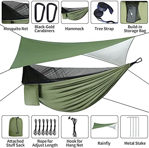 Camping Hammock - Hammocks with Mosquito Net Tent and Rain Fly Tarp, Portable Single & Double Nylon Parachute Hammock with Heavy Duty Tree Strap, Indoor Outdoor Backpacking Survival Travel