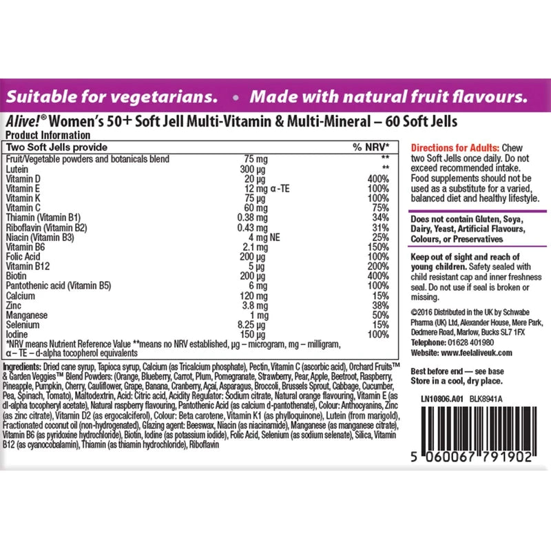 Alive! Women’s 50+ Multivitamin Gummies, Multi-Vitamins & Minerals with a Blend of 26 Fruits & Vegetables, Specially Balanced Formulation for Women, Suitable for Vegetarians - 60 Gummies