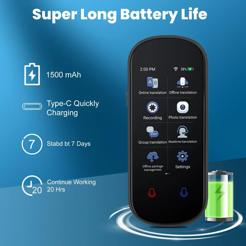 Language Translator Device, Two Way Real-Time Voice Translation, Support 150 Languages, Accurate Offline/Recording/Photo Instant Translation with 3”HD Inch。 Touch Screen for Travel