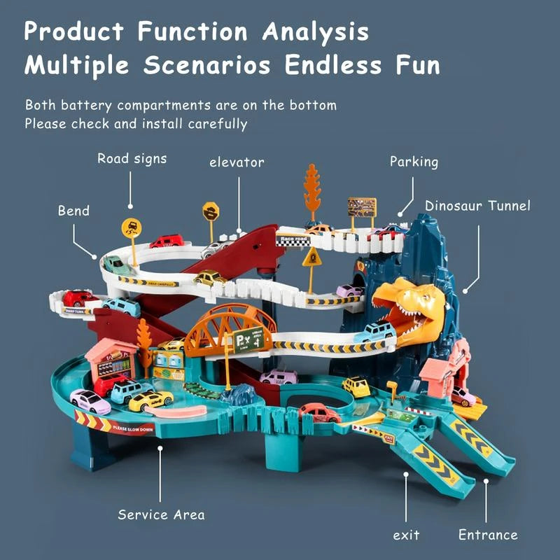 Dinosaur Hill Toy Car Ramp Track Playset with 4 Mini Racer Cars, Colorful Climbing Hills, and Railcar Track - Perfect Construction Gift for Preschool Kids Ages 3 and Up - Color: Dinosaur Rail Car Green