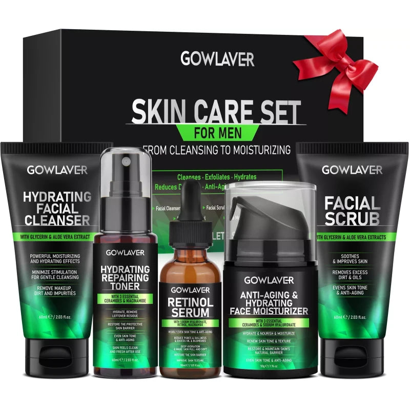 GOWLAVER All In One Men's Skin Care Set Facial Cleanser Toner Scrub Serum Moisturizer