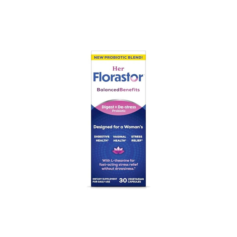 Florastor Her Digest and De-Stress Women's Probiotic and Stress Relief Supplement, Probiotics for Digestive Health, Vaginal Probiotics, and L-Theanine for Mind and Body Wellness, 30 Capsules