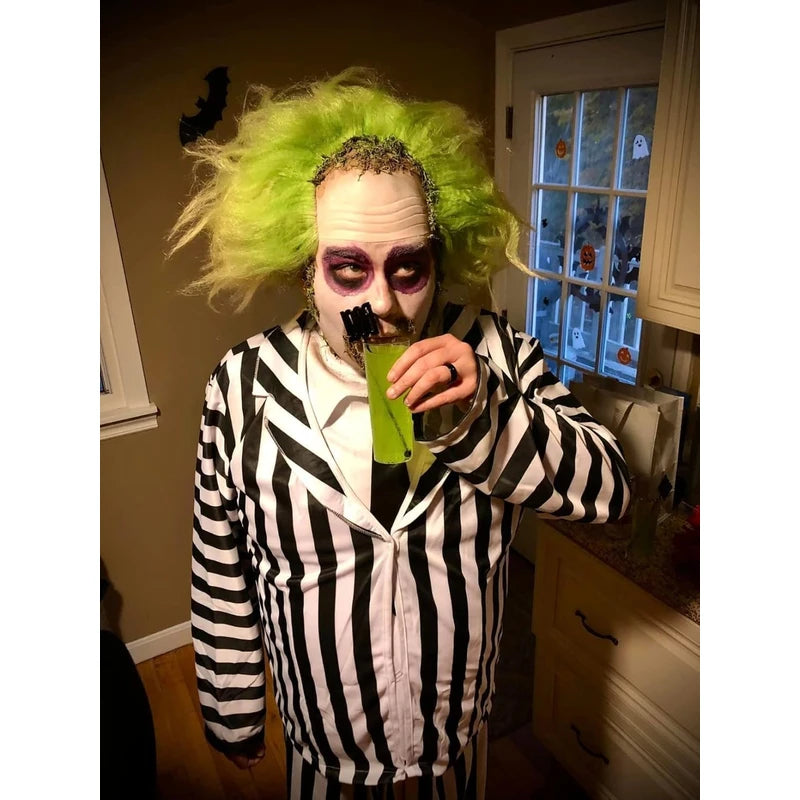 PORSMEER Mens Beetlejuice Wig - Premium Betelgeuse Green Ombre Hair short Wig with Bald Cap - Compatible with Beetlejuice Cosplay Wig | idea for Halloween Beetlejuice Costume