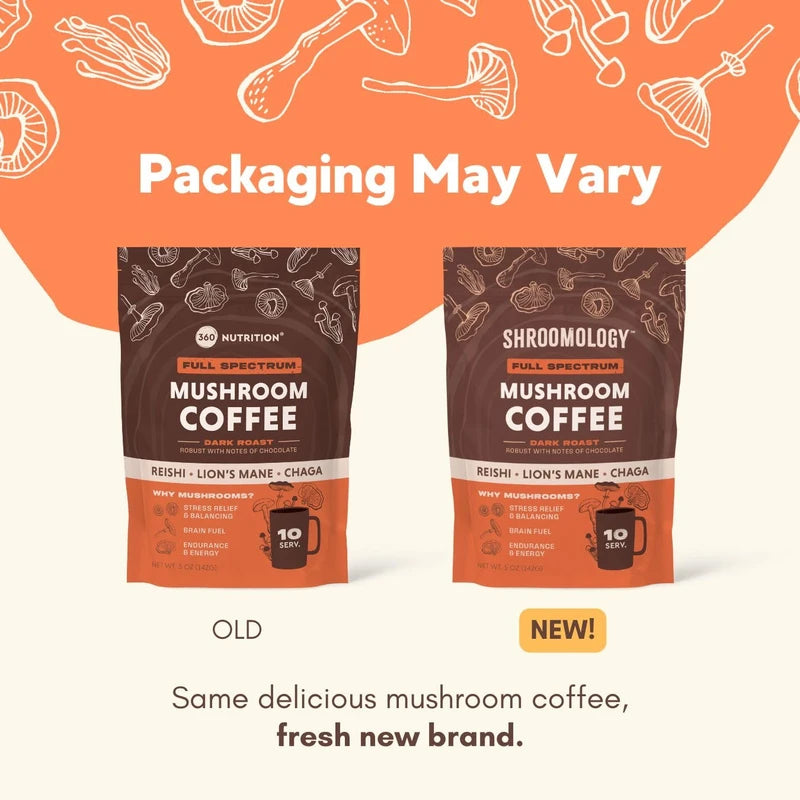 360 Nutrition Instant Mushroom Coffee with Reishi, Lion’s Mane, Chaga Superfood Mushrooms for Natural Energy, Focus and Immunity | Dark Roast, No Added Sugar 5 oz (Full Spectrum)