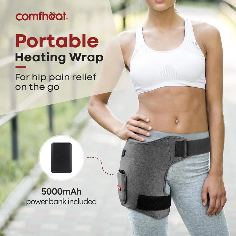 Comfheat Cordless Hip Heating Pad for Hip/Sciatica Pain Relief - 5000mAh Power Bank Included, Heated Hip Wrap for Women, Men, Electric Portable Hip Heat Pad Gray (S/M/L)