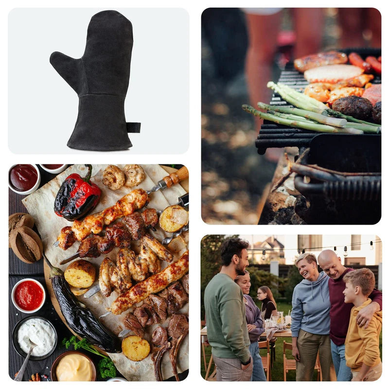 Achilles Fireplace Gloves, Oven Gloves, Grill Gloves, Fireproof Made of Leather with Thermal Insulation, Black