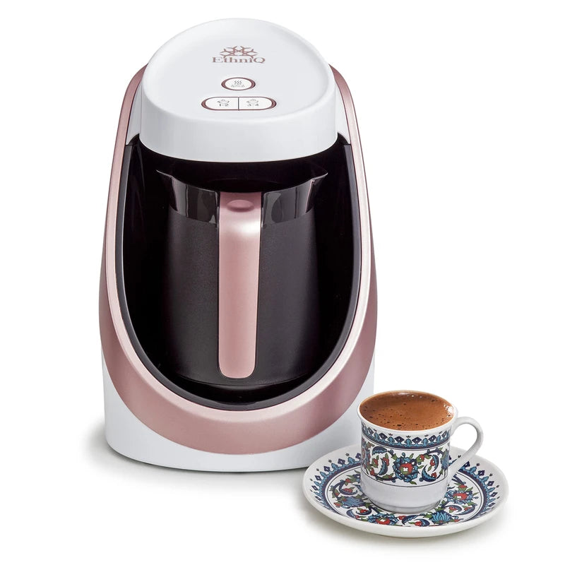 ETHNIQ Turkish Coffee Maker - 100% BPA Free, 120V, 1 to 4 Cup Brewing Capacity with Cook Sense Technology for Delicious Cup of Turkish & Greek Coffee, Turkish Coffee Pot (White/Rose)