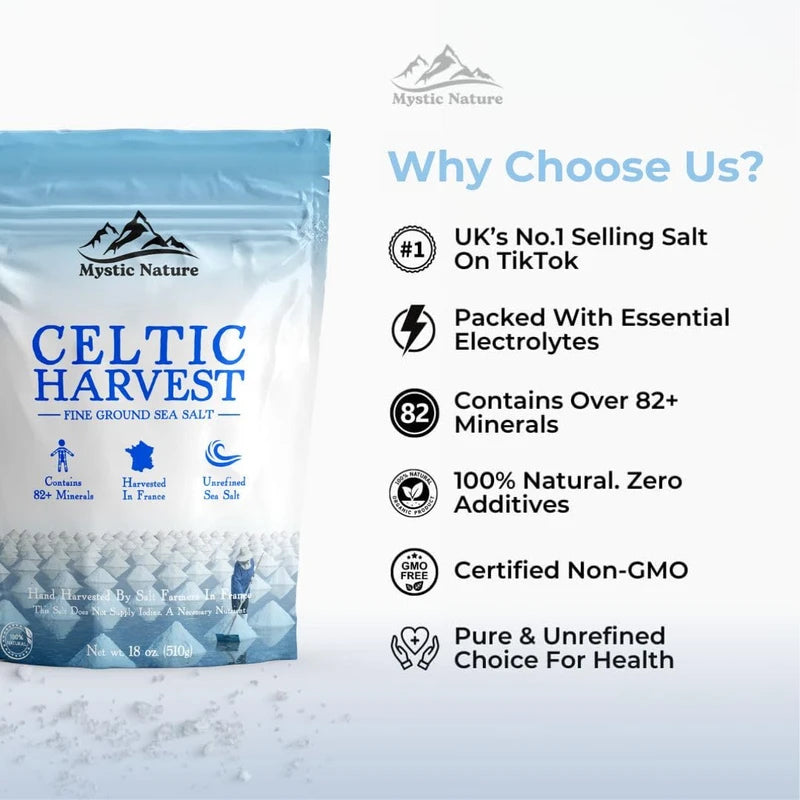 Mystic Nature Celtic Harvest Fine Ground Sea Salt - 1.1lb - 18oz | Rich in 82+ Essential Minerals | Organic 100% Natural & Unrefined | Hand Harvested Celtic Crystals from France