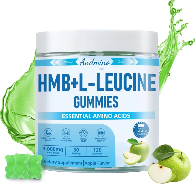 andmino HMB and L-Leucine Gummies, 3000mg, with Trehalose, for Muscle Growth, Increase Muscle Mass, Muscle Relief and Fast Workout Recovery, for Adults & Elder, Non-GMO, Vegan, Gluten Free, Apple Flavor, 120