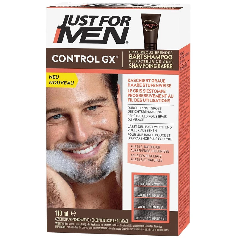Just For Men Control GX Beard Wash, Moustache & Beard Dye, Beard Colour, Tint, Beard Colour, Reduces with Every Wash, White Beard Hair, Natural Results - All Beard Colours, 118 ml