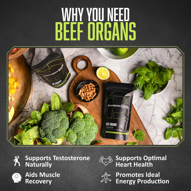 Division 1 Health Division One Beef Organ Supplement - Primal Blend with Liver, Heart, Kidney, Beef Liver Supplement Grass Fed, Organ Meat Supplements for Humans, Non-GMO, 120 Caps.