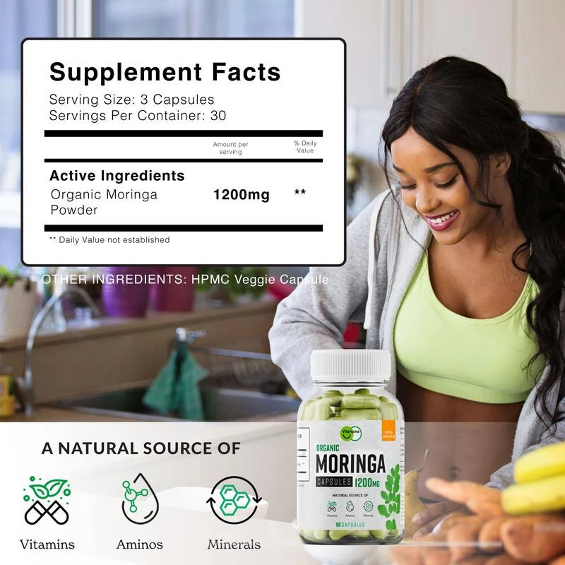 Vitahuma Organic Moringa, Nutrient-Dense Antioxidant Support With Vitamin C, A, E, Calcium, Potassium, Iron, Magnesium, Protein & Amino Acids for Hydration & Energy, Vegan, 1200 MG Per Serving, 30 Day Supply