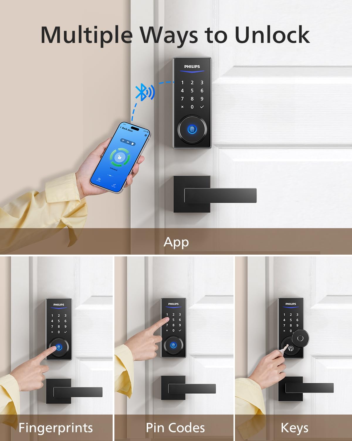 Philips Smart Lock with Handles, Keyless Entry Front Door Lock Set, Smart Keypad Deadbolt with Handle, Digital Door Lock for Front Door, App Fingerprint PIN Code Unlocking, Auto Locking