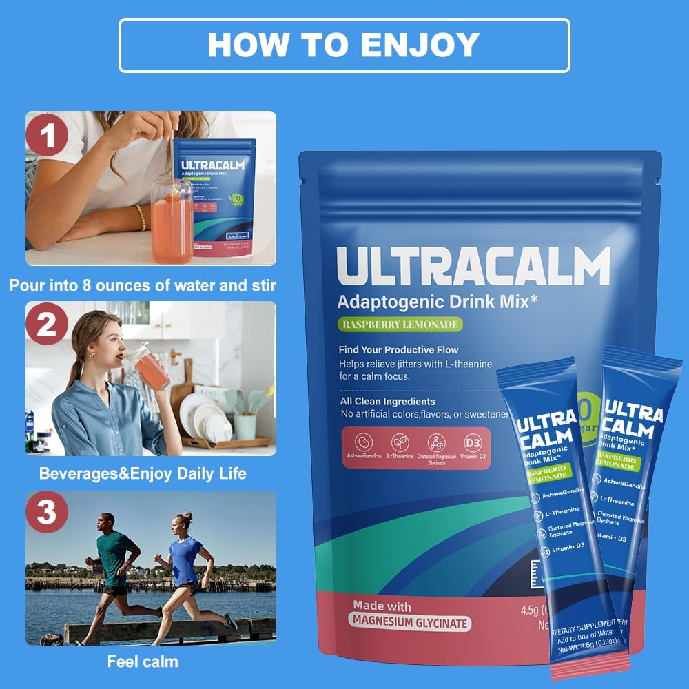 UltraCalm Super Cortisol Drink – Calm Magnesium Glycinate Powder – 30 Servings – L-theanine, Ashwagandha, Vitamin D – No Sugar – Raspberry Lemonade – Electrolytes Powder