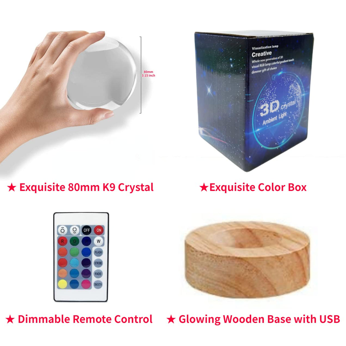 axolotl lamp,3.15 inch 3D K9 Crystal Ball Axolotl Night Light with Wooden Base,16 colors change,remote control,color box,Birthday Christmas axolotl Gift