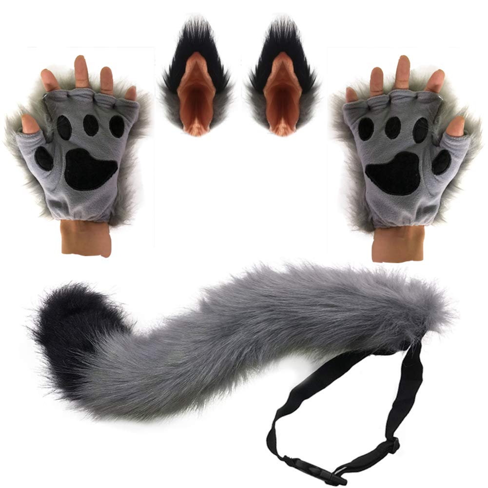 HAOAN Wolf Fox Tail Clip Ears and Gloves Set Halloween Christmas Fancy Party Costume for Women and Man Gray
