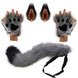 HAOAN Wolf Fox Tail Clip Ears and Gloves Set Halloween Christmas Fancy Party Costume for Women and Man Gray