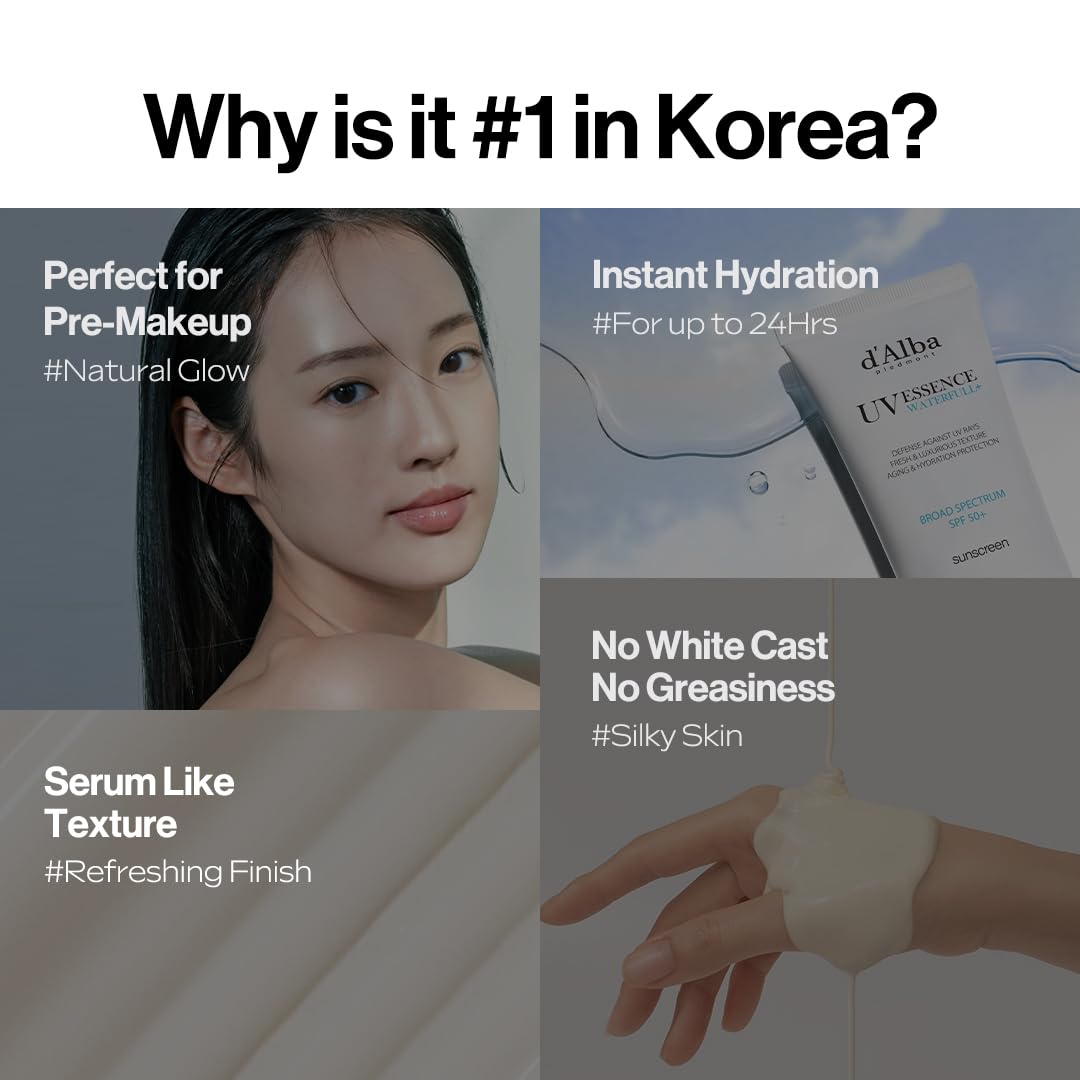 d'alba Piedmont Italian White Truffle Waterfull Essence Sunscreen, Vegan Skincare, Lightweight Sunscreen with BROAD SPECTRUM SPF 50+, Glowy, Safe for all Skin Types, Korean Skin Care (1.69 fl. oz)