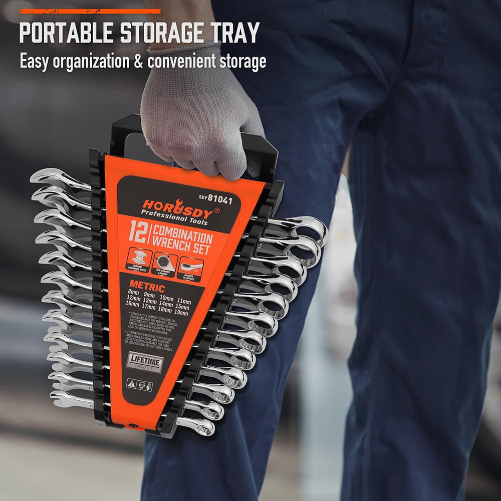 HORUSDY 12-Piece Metric Wrench Set | Combination Wrench Set with Organizer | 12 Point | 8mm - 19mm | Chrome Vanadium Steel