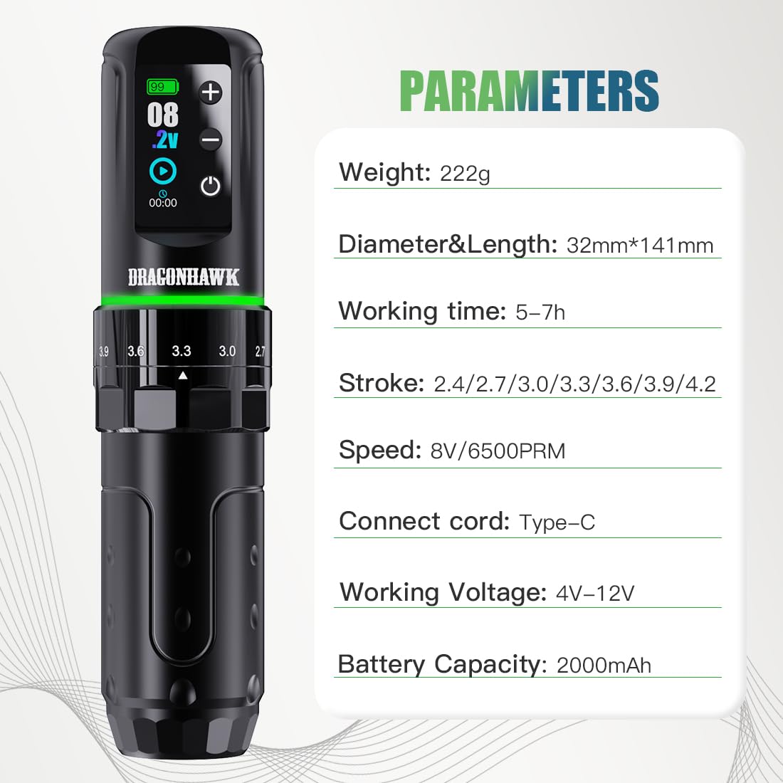 Dragonhawk L3 Complete Tattoo Gun Kit Cordless Cord Pen Machine 7 Strokes Length 2 Batteries Power Supply Mcore Motor Tattoo Needles Cartridges for Pro Artists