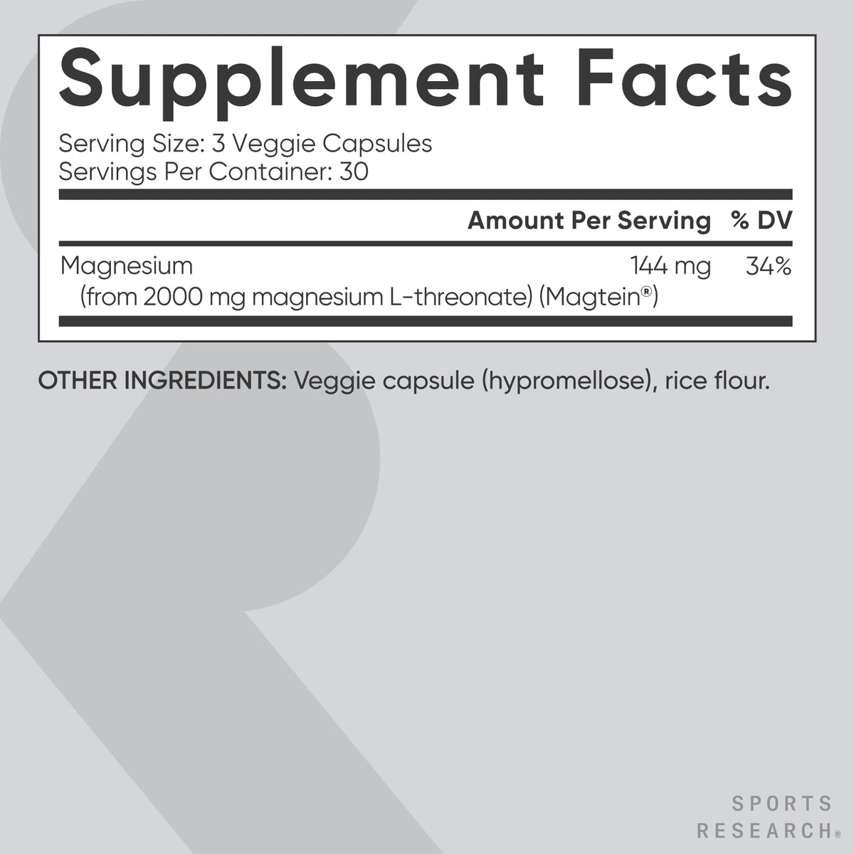 Sports Research® Magnesium L-Threonate 2000mg w/Magtein®, 90 Count