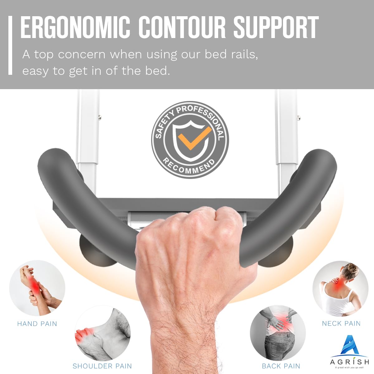 Agrish Bed Rails for Elderly Adults Safety - with Motion Light & Storage Pouch, Bedside Assist Bar with Support Legs for Seniors & Surgery Patients - Medical Bed Rail