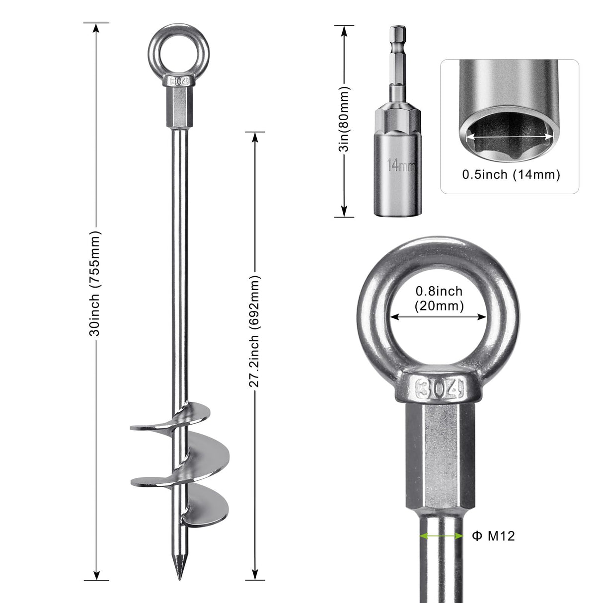 Insaga 30'' Ground Anchors Screw in Heavy Duty 12mm Solid Steel, 3" Spiral Blade with Smooth Edges, Fully Welded Design for Mobile Home, Shed, Trampoline, Swing Set, Carport, Earth, Tent, 4Pack