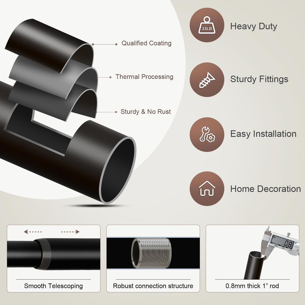 Lootkell Black Curtain Rods for Windows 48 to 84 Inches Adjustable Heavy Duty 1" Diameter Window Curtain Rod with Decorative Finials for Outdoor Farmhouse Bedroom Kitchen Living Room