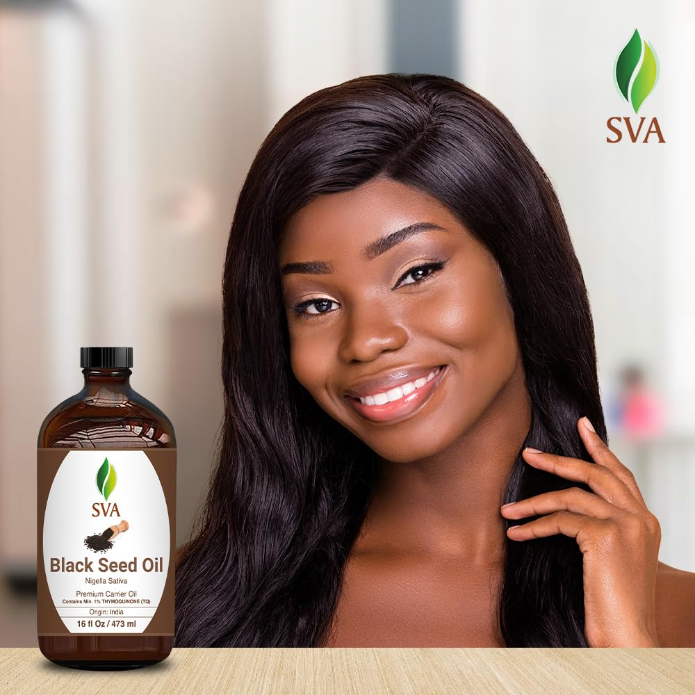 SVA Black Seed Oil - 16 Fl Oz – 100% Natural Cold Pressed Black Seed Oil - for Face, Skin Care, Hair Care, Scalp Massage & Body Massage – Carrier Oil