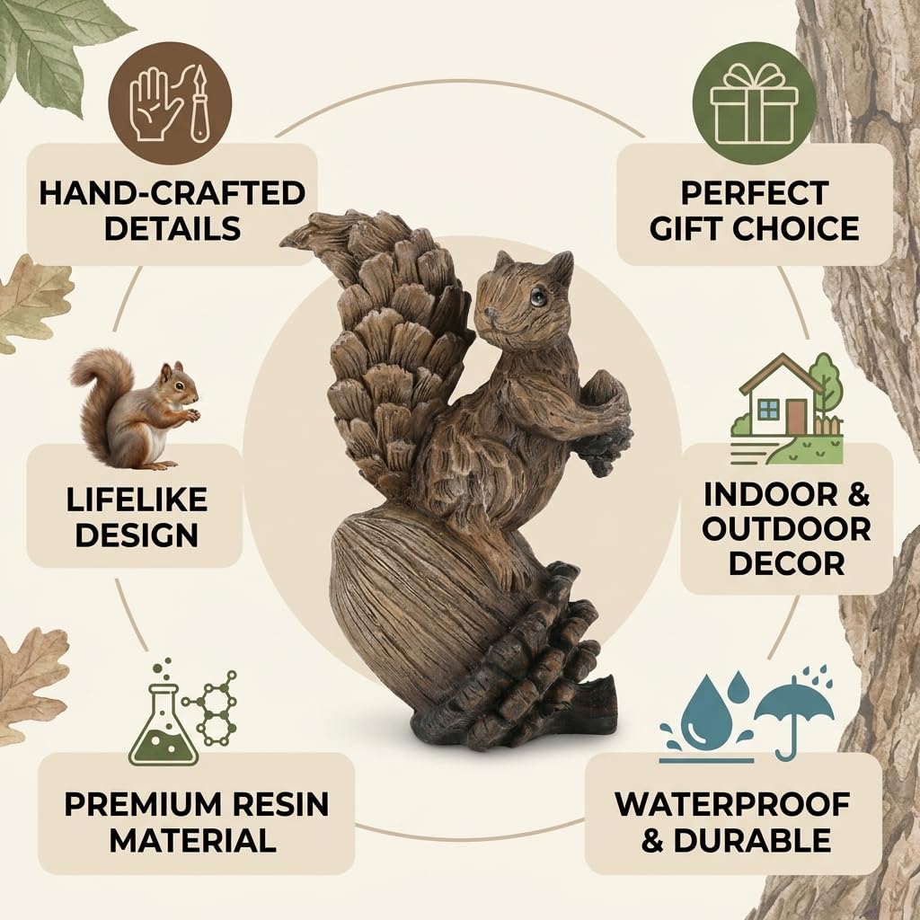 iStatue Handmade Resin Squirrel on Acorn Statue Miniature Garden Figurines – 6.5 Inch Nature-Inspired Woodland Animal Decor for Home, Garden, Patio or Shelf – Rustic Farmhouse Accent (Medium)