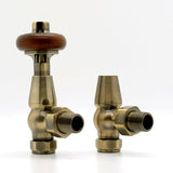 VANCOCO Traditional Angled Radiator Valves 1/2"×15mm, Brass Thermostatic Valve with Solid Wood Handwheel, Cast Iron Antique TRV Pair (Antique Brass)