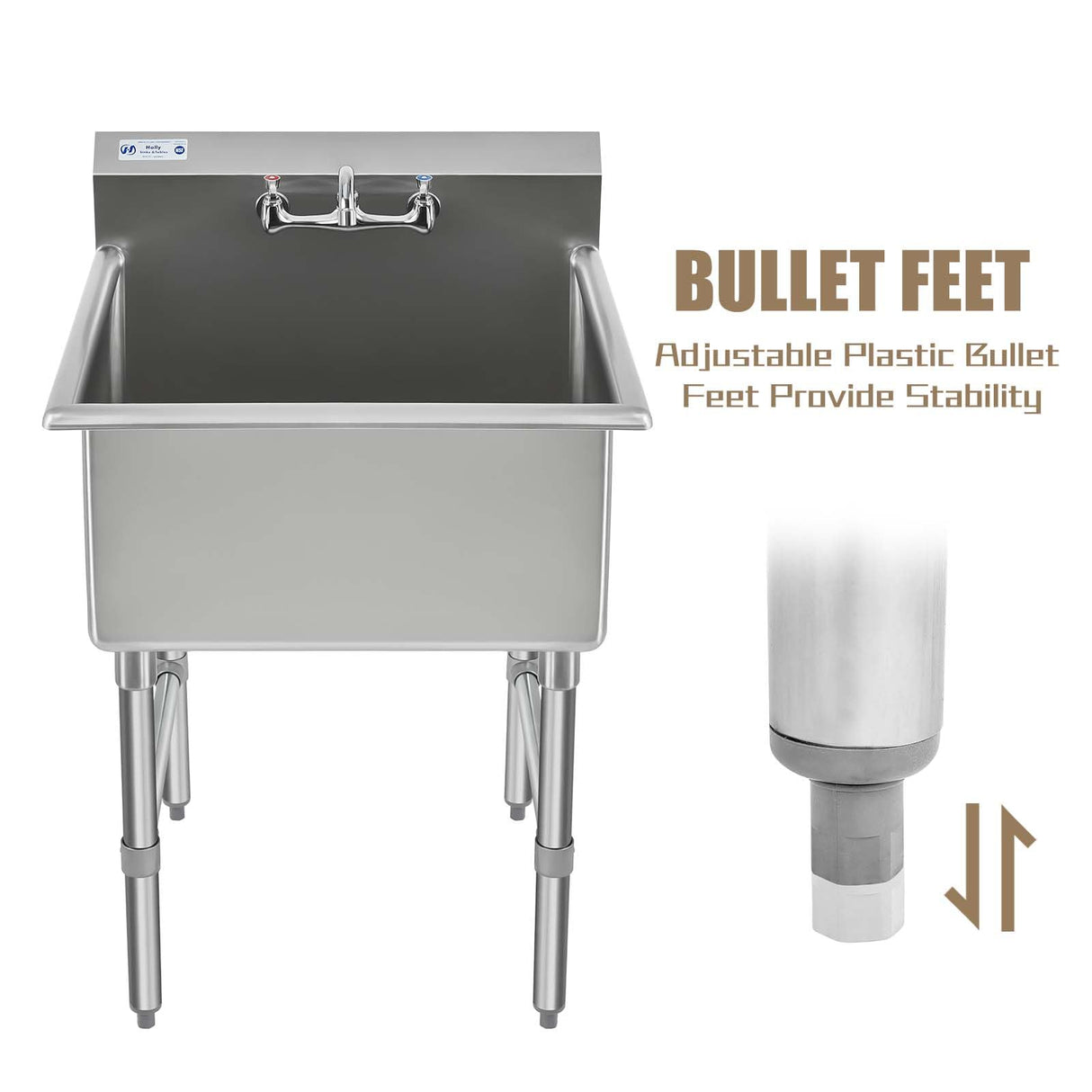HALLY Commercial Stainless Steel Sink 1 Compartment NSF Prep & Utility Sink with 8" Faucet 24" L x 24" W x 12" D Bowl for Bar, Restaurant, Kitchen, Hotel and Home