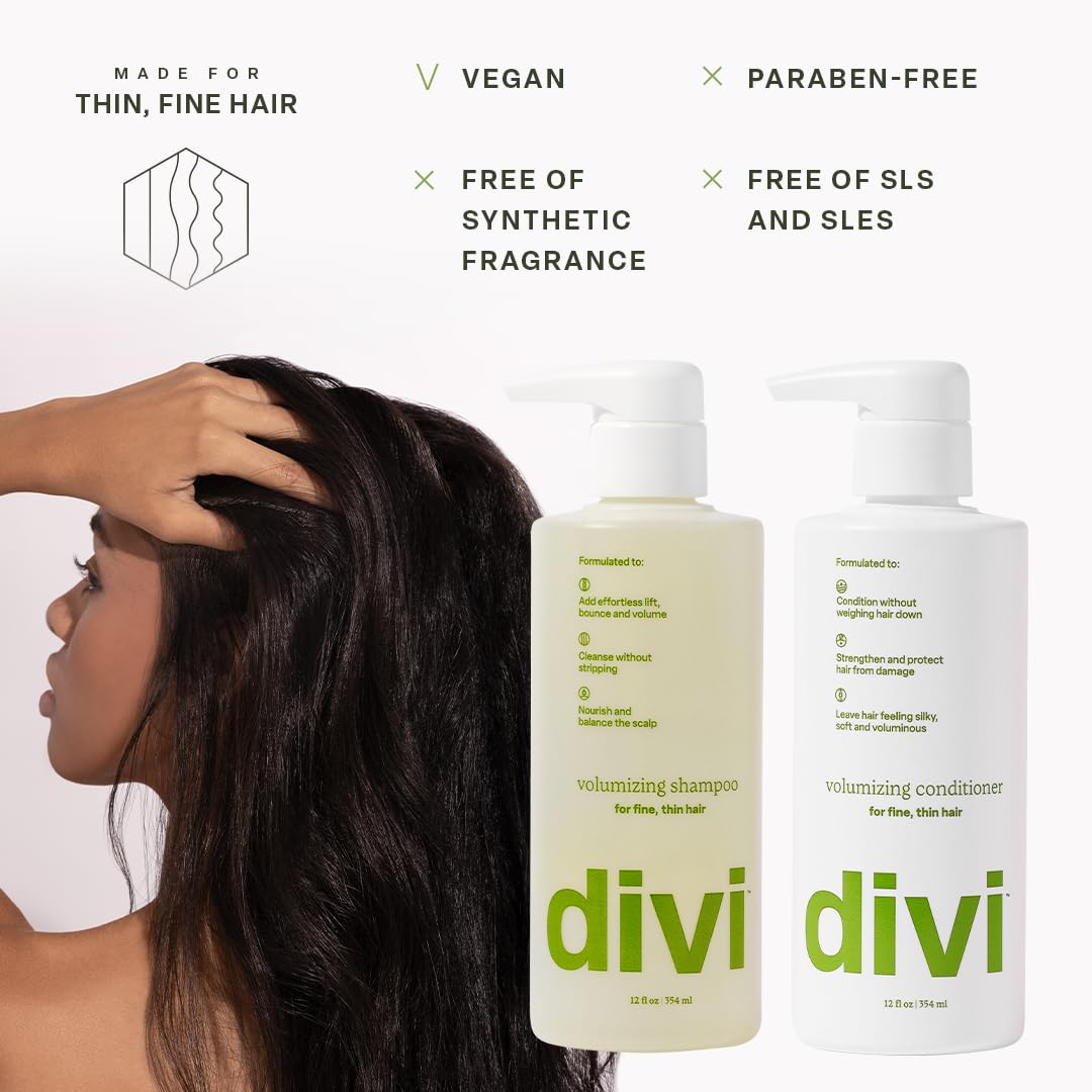 Divi Volumizing Shampoo and Conditioner Set for Women and Men - Lightweight Hair Care Duo for Fine and Thinning Hair - Adds Volume, Lift, and Bounce - Strengthens and Nourishes Hair, 2 x 12 Fl Oz