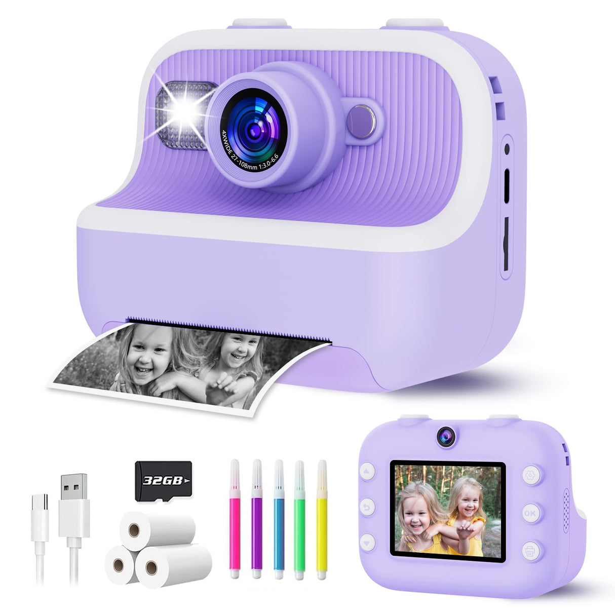 Instant Print Camera for Kids, Christmas Birthday Gifts for Girls Boys, Kids Camera Instant Print with Dual Camera 1080P Digital Camera Toys for 4 5 6 7 8 9 10 Year Old Girl with 32GB SD Card-Purple