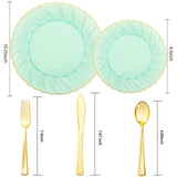 YOUBET 125PCS Clear Green Plastic Plates with Gold Rim - Green and Gold Plastic Plates Include 25 Dinner Plate 25 Dessert Plate 75 Disposable Silverwares for Wedding & Party & Christmas