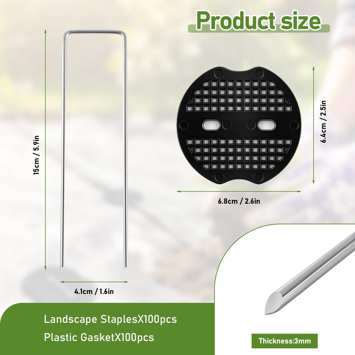 200Pcs Garden Stakes Staples Kit, 100Pcs 6 Inch U-Shaped Landscape Staples, 100Pcs Fixing Gasket for Weed Barrier Fabric, Ground Cover, Holding Fence and Artificial Turf