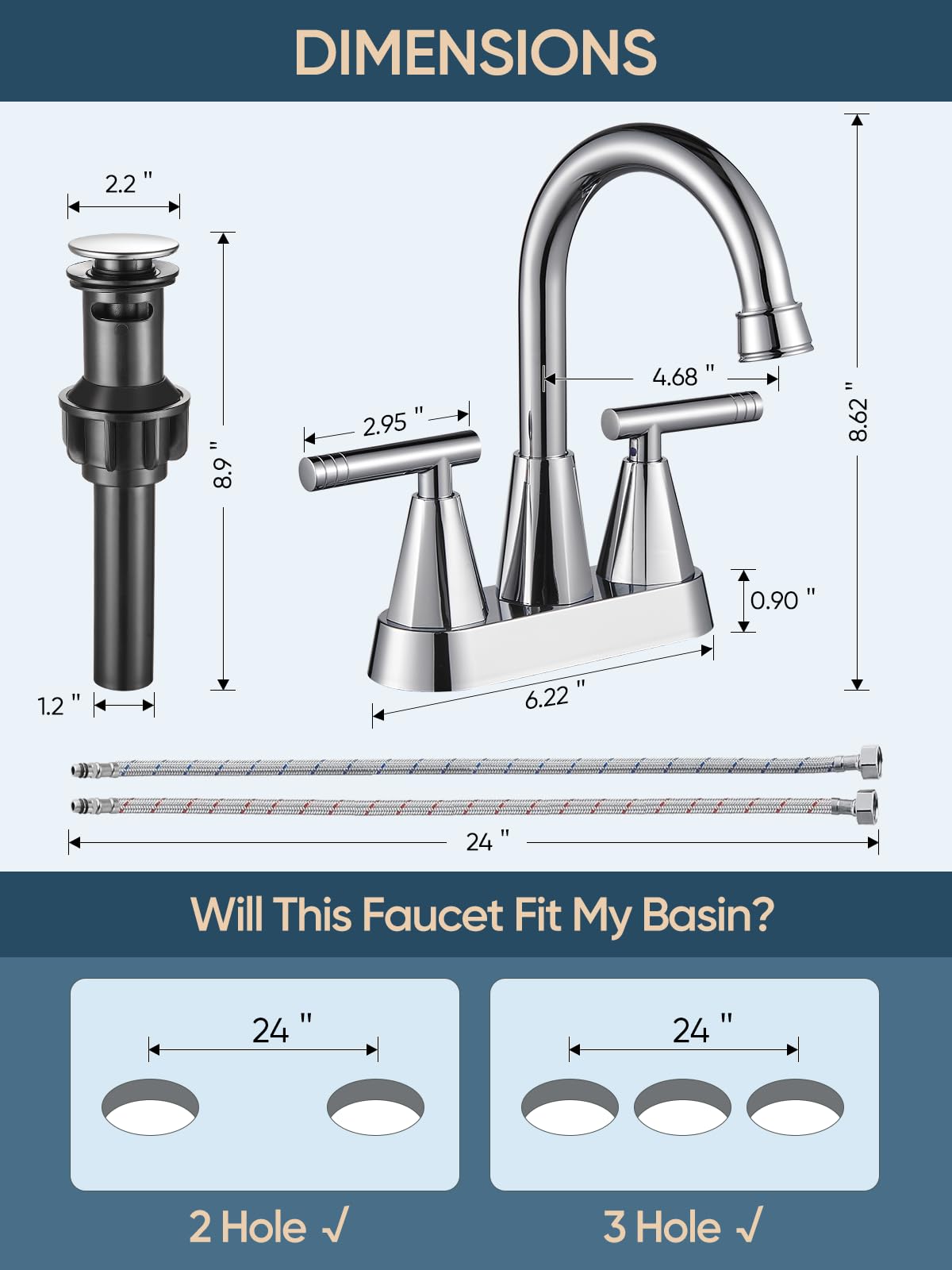 Cobbe Bathroom Faucets for Sink 3 Hole, 4 Inch with Pop Up Drain and 2 Supply Hoses, 2 Handle Centerset Bathroom Faucet for Sink Vanity, Chrome, 2 Pack
