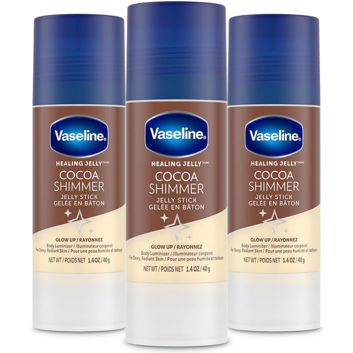 Vaseline Cocoa Shimmer Jelly Stick – Non-Greasy Moisturizer for Glowing Skin, Face & Body Lotion, Travel-Size, 1.4 Oz Ea, Pack of 3.
