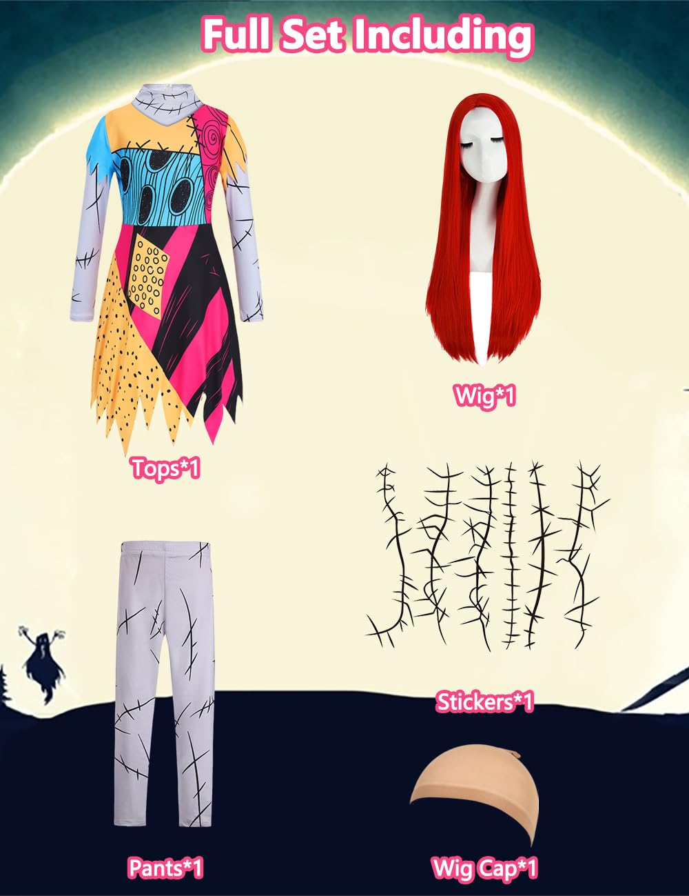 QUJQOM Girls Doll Princess Cosplay Long Sleeve Dress Kids Halloween Costumes Christmas Nightmare Outfits with Leggings, Red Wig, 18 Pcs Stickers QM038XXL